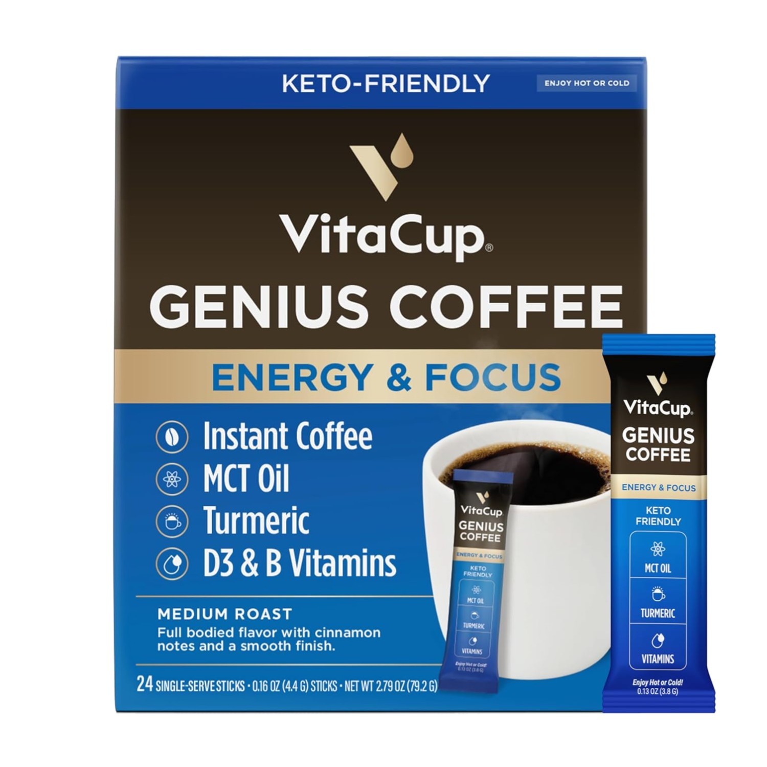 Genius Keto Instant Coffee Sticks, MCT Oil & Turmeric, 24 Ct